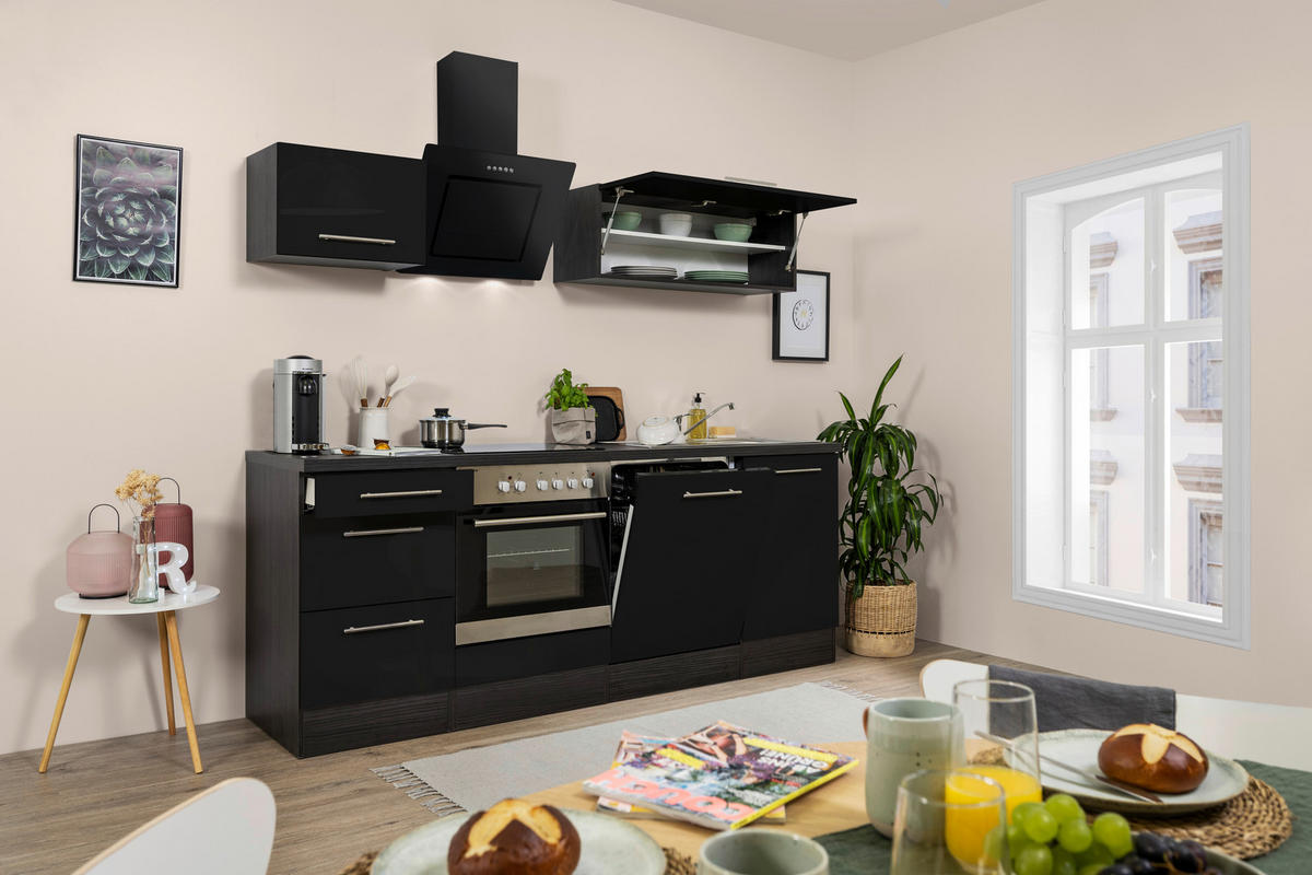 Respekta Küchenblock Amanda schwarz Hochglanz B/H/T: ca. 220x200x60 cm Amanda - schwarz/Edelstahloptik (220,00/200,00/60,00cm) - Respekta