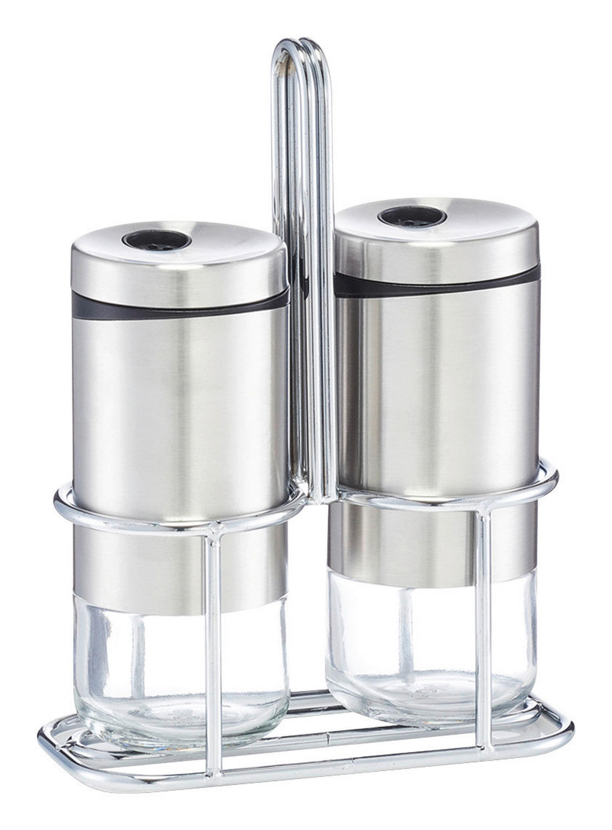 Zeller Salz-/Pfefferstreuer-Set silber Glas B/H/L: ca. 6,6x15,7x12,7 cm Salz-/Pfefferstreuer-Set_3-tlg. - silber (12,70/6,60/15,70cm) - Zeller