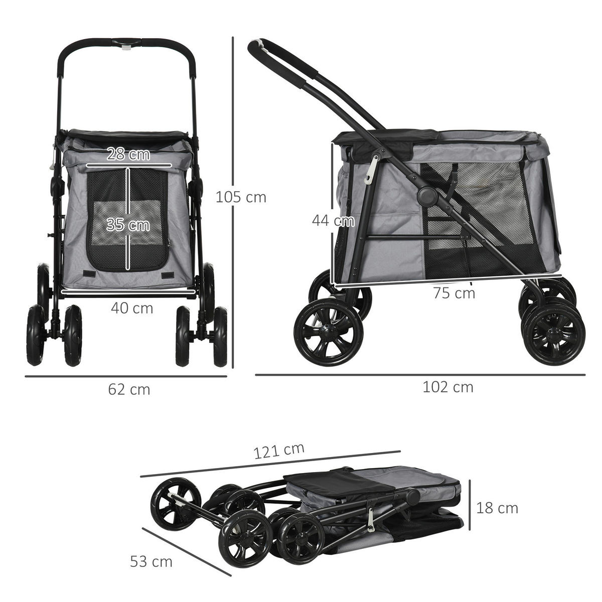 PawHut Hunde-Zubehör grau Polyester B/H/L: ca. 62x102x105 cm Hundewagen - grau (105,00/62,00/102,00cm) - PawHut