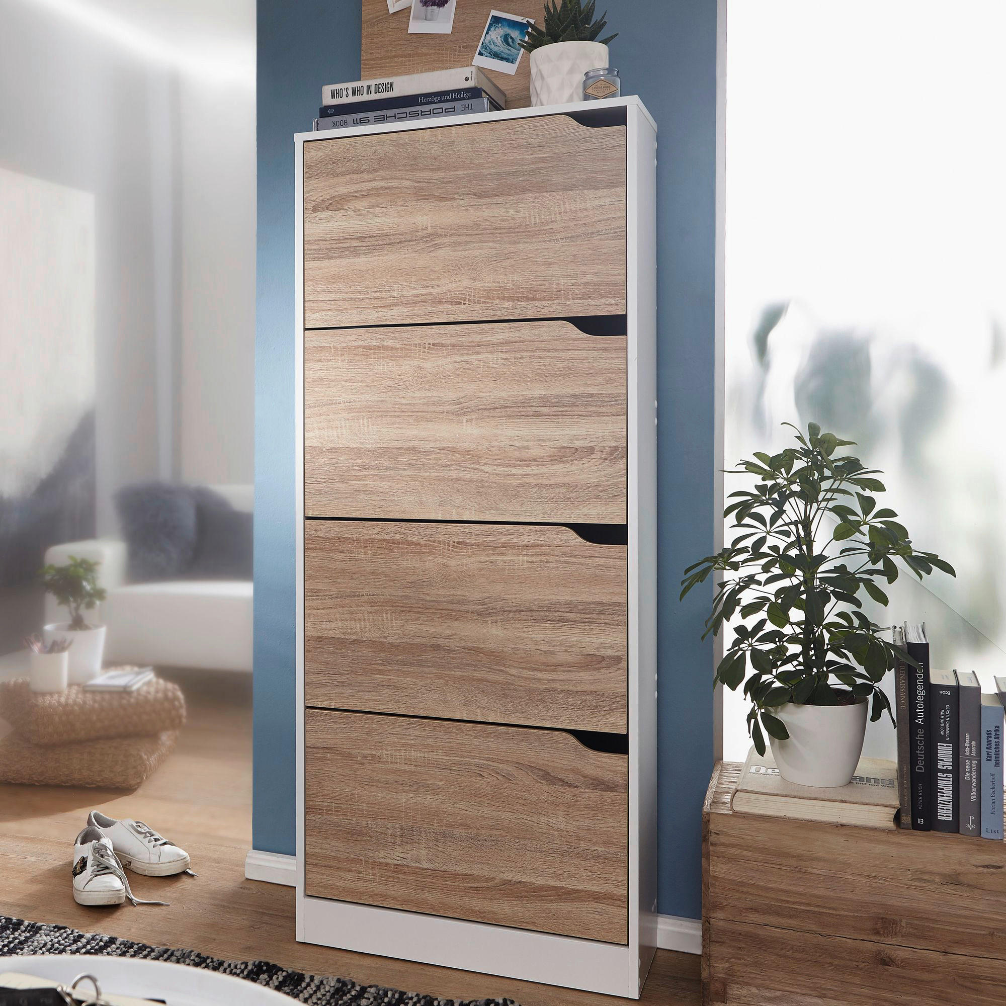 Schuhschrank Eiche Sonoma Nachbildung weiß B/H/T: ca. 60x150x24 cm Schuhschrank - Eiche/weiß (60,00/150,00/24,00cm) - Wohnling