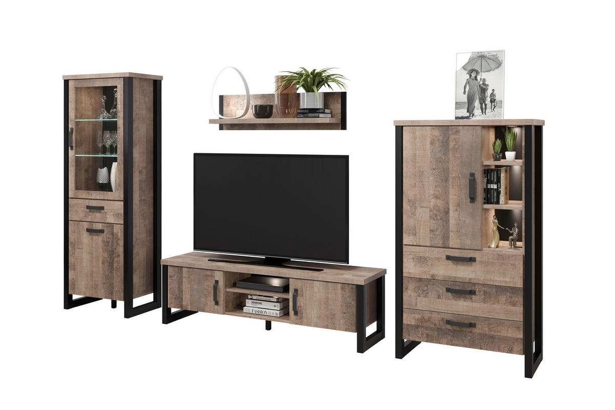 Wohnwand Emile Eiche Tabak Nachbildung B/H/T: ca. 353x195x45 cm Emile - Eiche (353,00/195,00/45,00cm) - Trendteam