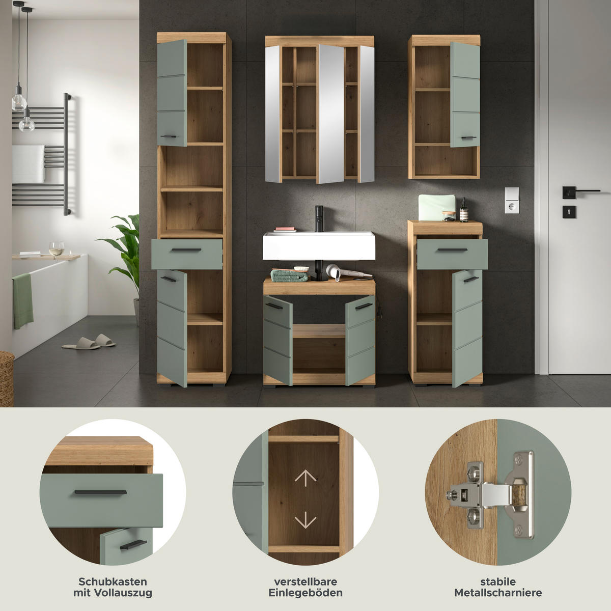 Badezimmer-Set Scout Eiche Artisan Nachbildung salbei Nachbildung B/H/T: ca. 164x191x34 cm Scout - Eiche/salbei (164,00/191,00/34,00cm) - xonox.home