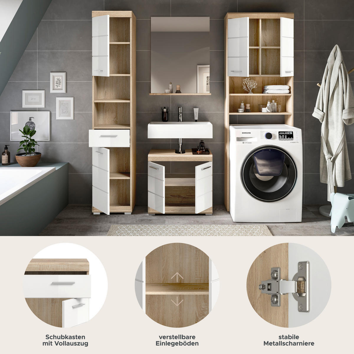 Badezimmer-Set Lambada Eiche Sonoma Nachbildung weiß Hochglanz B/H/T: ca. 190x191x34 cm Lambada - Eiche/weiß (190,00/191,00/34,00cm) - xonox.home