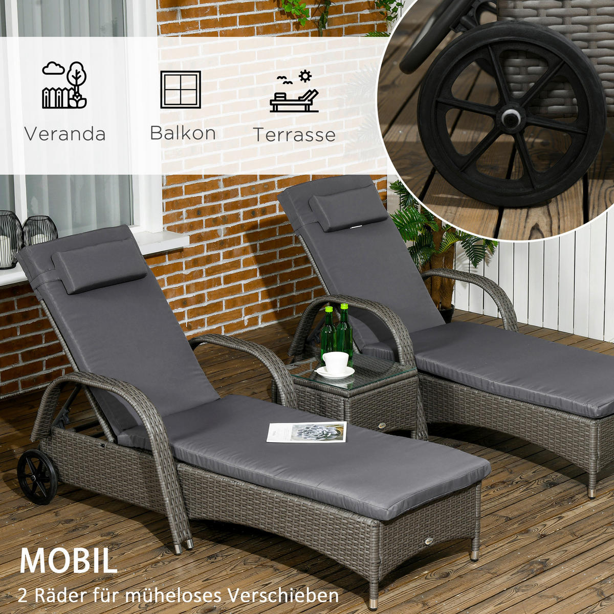 Outsunny Gartenliege 2er Set dunkelgrau Glas B/H/L: ca. 73x103x200 cm Gartenliege 2er Set - dunkelgrau/grau (200,00/73,00/103,00cm) - Outsunny