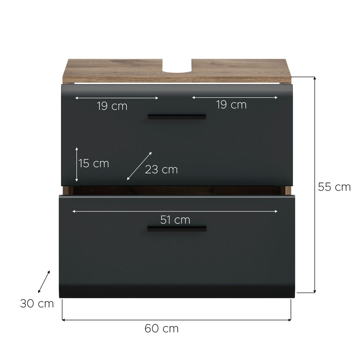 Waschbeckenunterschrank Ice Nox Oak Nachbildung schwarz matt B/H/T: ca. 60x54x60 cm Ice - schwarz (60,00/54,00/60,00cm) - xonox.home