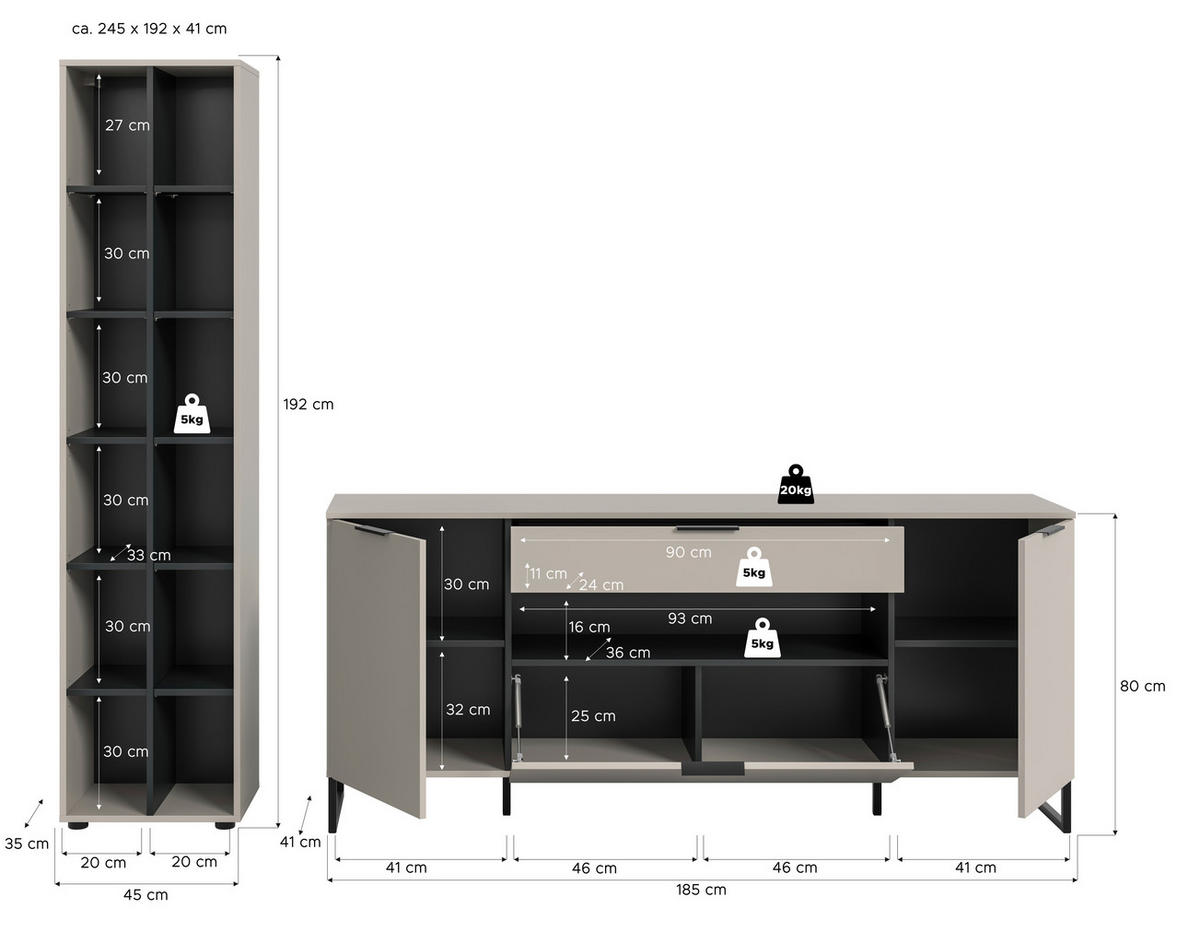 Wohnwand Noida Kaschmirgrau Nachbildung schwarz B/H/T: ca. 245x192x41 cm Noida - schwarz (245,00/192,00/41,00cm) - xonox.home