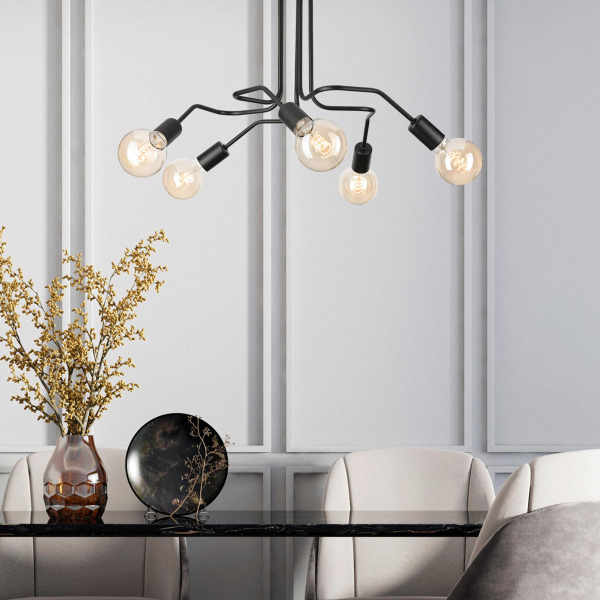 Lamkur Deckenleuchte DOMINO 51222 schwarz Stahl H/L: ca. 40x59 cm E27 5 Brennstellen Domino - schwarz (59,00cm) - Lamkur