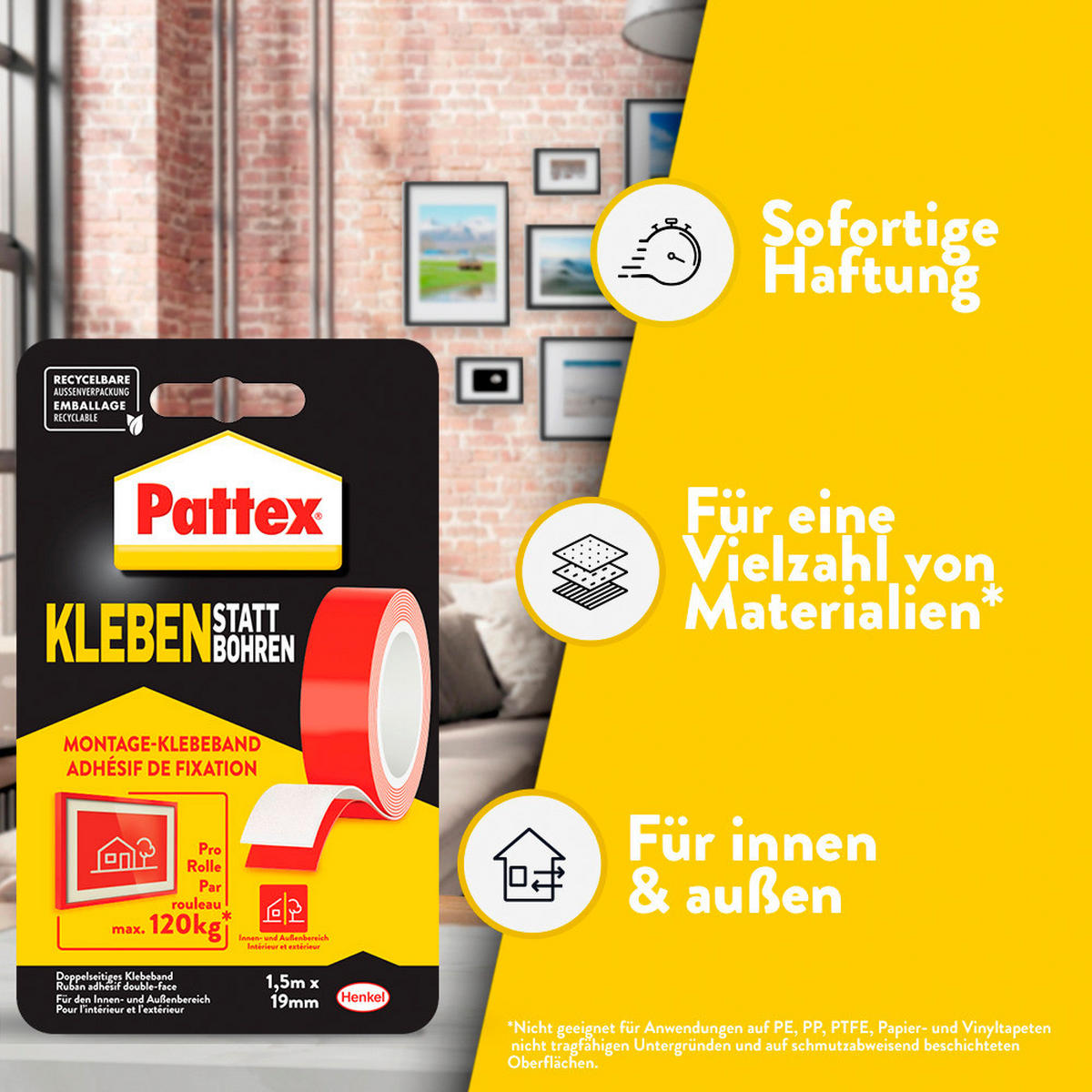 Pattex Klebeband Kleben statt Bohren L: ca. 150 cm Kleben statt Bohren - (150,00cm) - Pattex