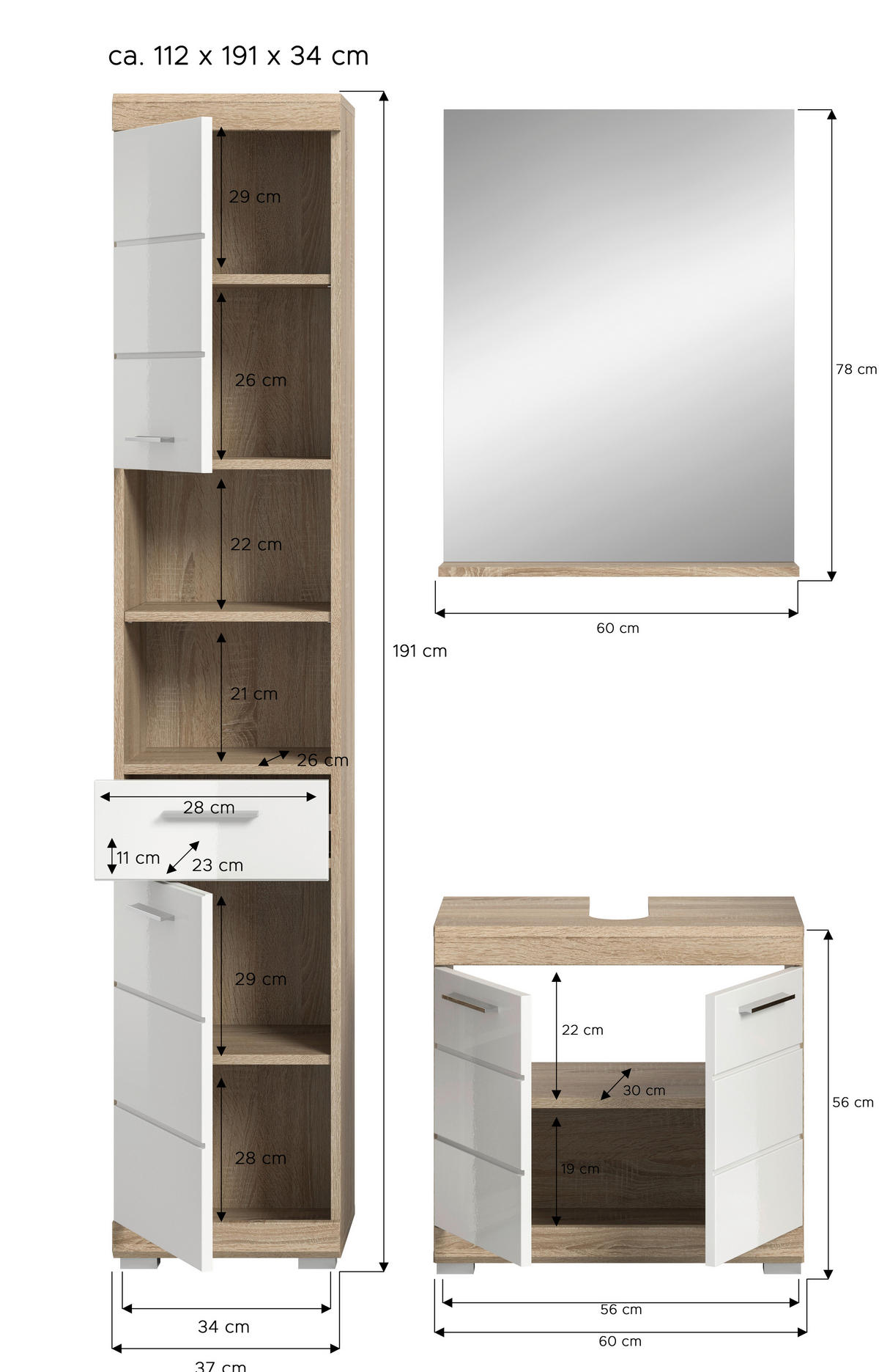 Badezimmer-Set Lambada Eiche Sonoma Nachbildung weiß Hochglanz B/H/T: ca. 112x191x34 cm Lambada - Eiche/weiß (112,00/191,00/34,00cm) - xonox.home