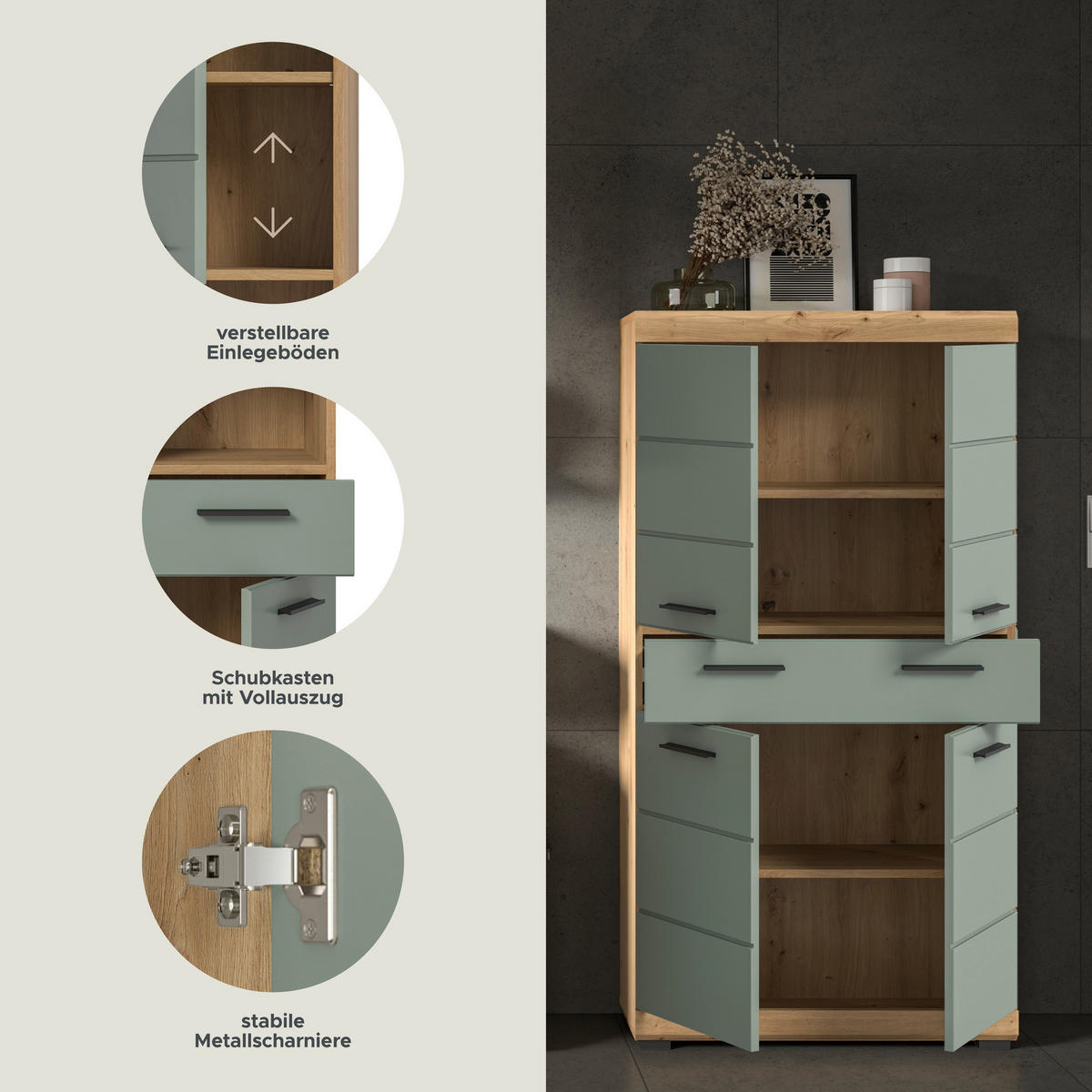 Badezimmer-Set Scout Eiche Artisan Nachbildung salbei Nachbildung B/H/T: ca. 74x141x31 cm Scout - Eiche/salbei (74,00/141,00/31,00cm) - xonox.home