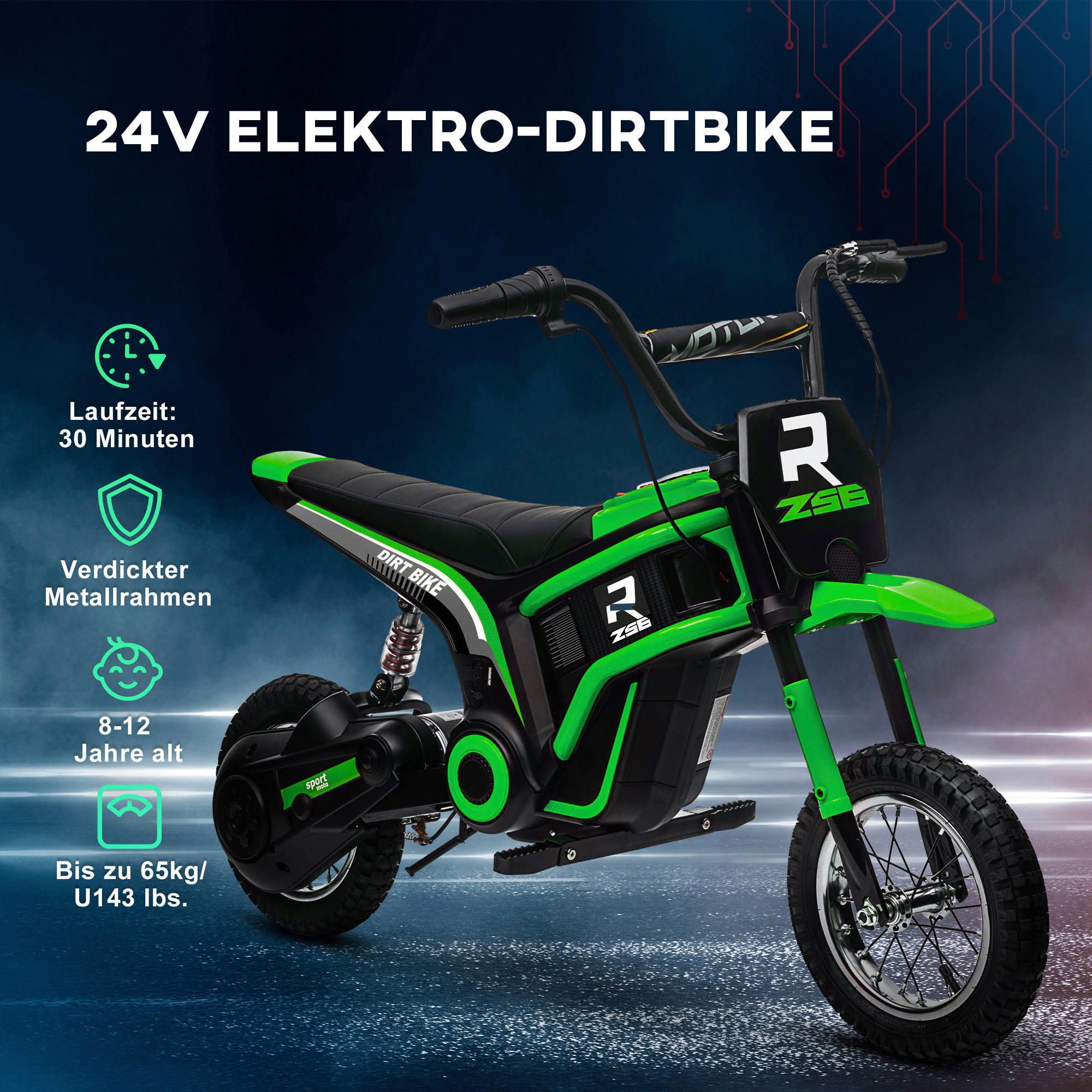 HOMCOM Kinder-Elektromotorrad grün B/H/L: ca. 64x76,5x119 cm Kinder-Elektromotorrad - grün (119,00/64,00/76,50cm) - HOMCOM