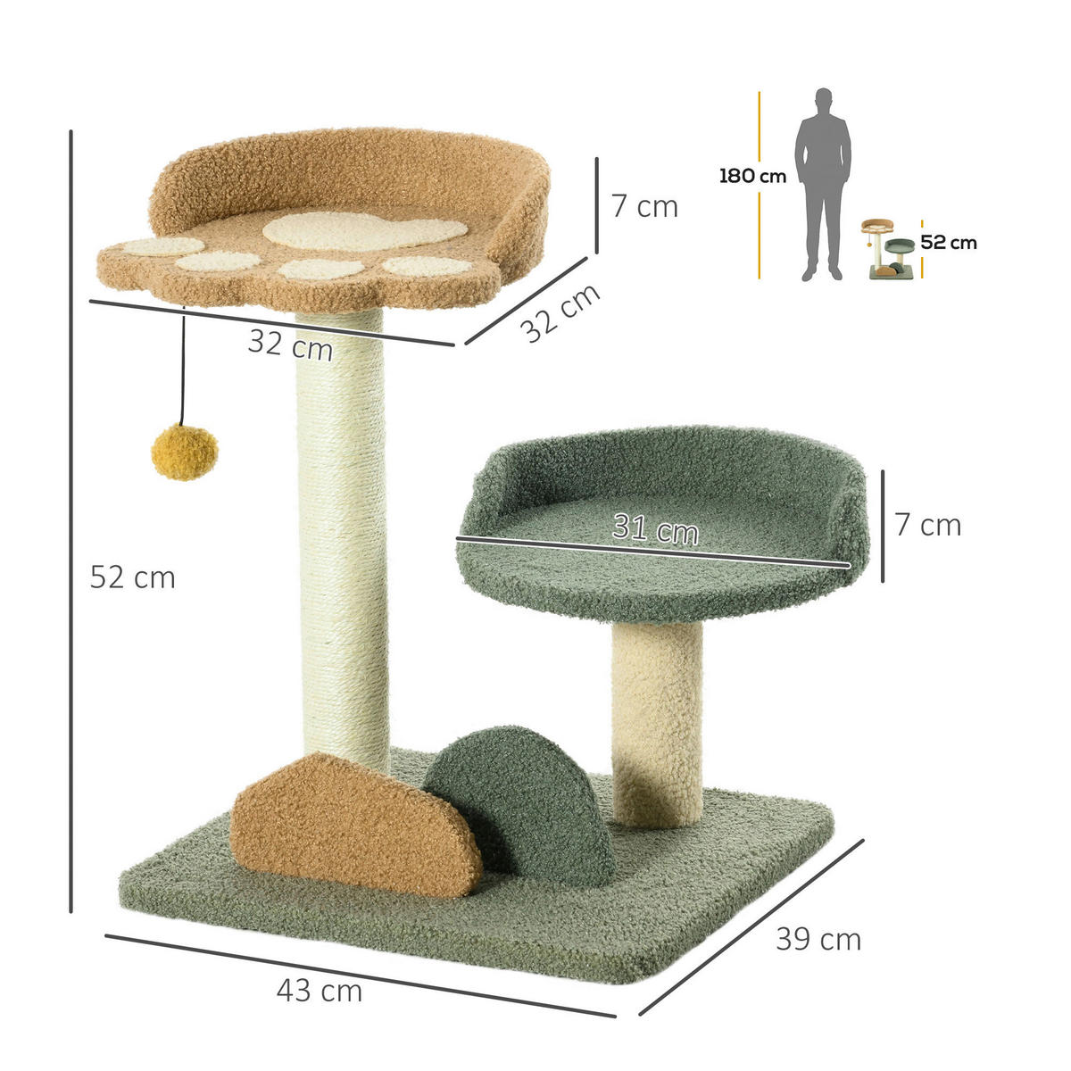 PawHut Kratzbaum grün Spanplatte B/H/L: ca. 39x43x52 cm Kratzbaum - braun/beige (52,00/39,00/43,00cm) - PawHut