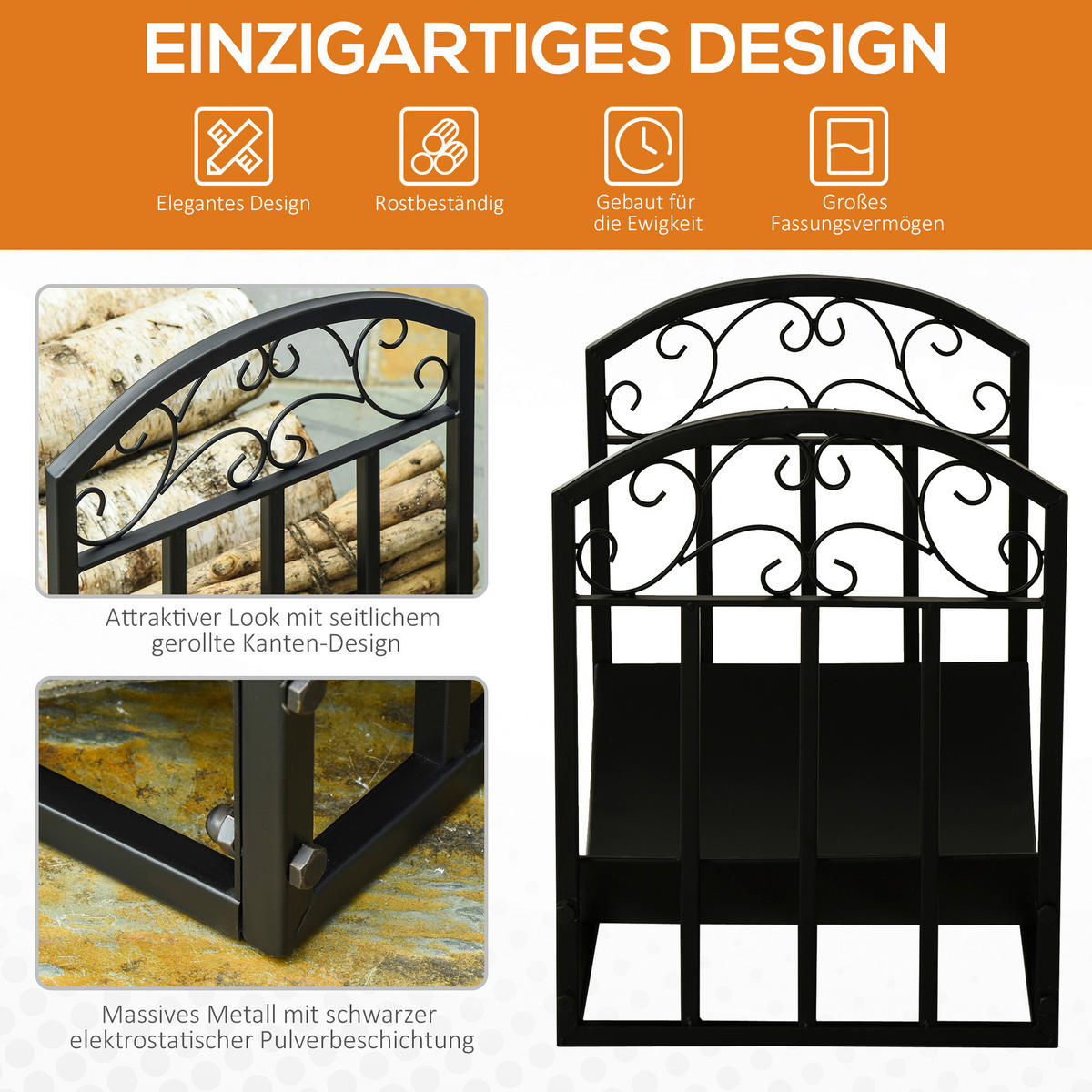 Outsunny Kaminholzregal schwarz B/H/T: ca. 60,5x46,5x36 cm Kaminholzregal 842-208 - schwarz (60,50/46,50/36,00cm) - Outsunny