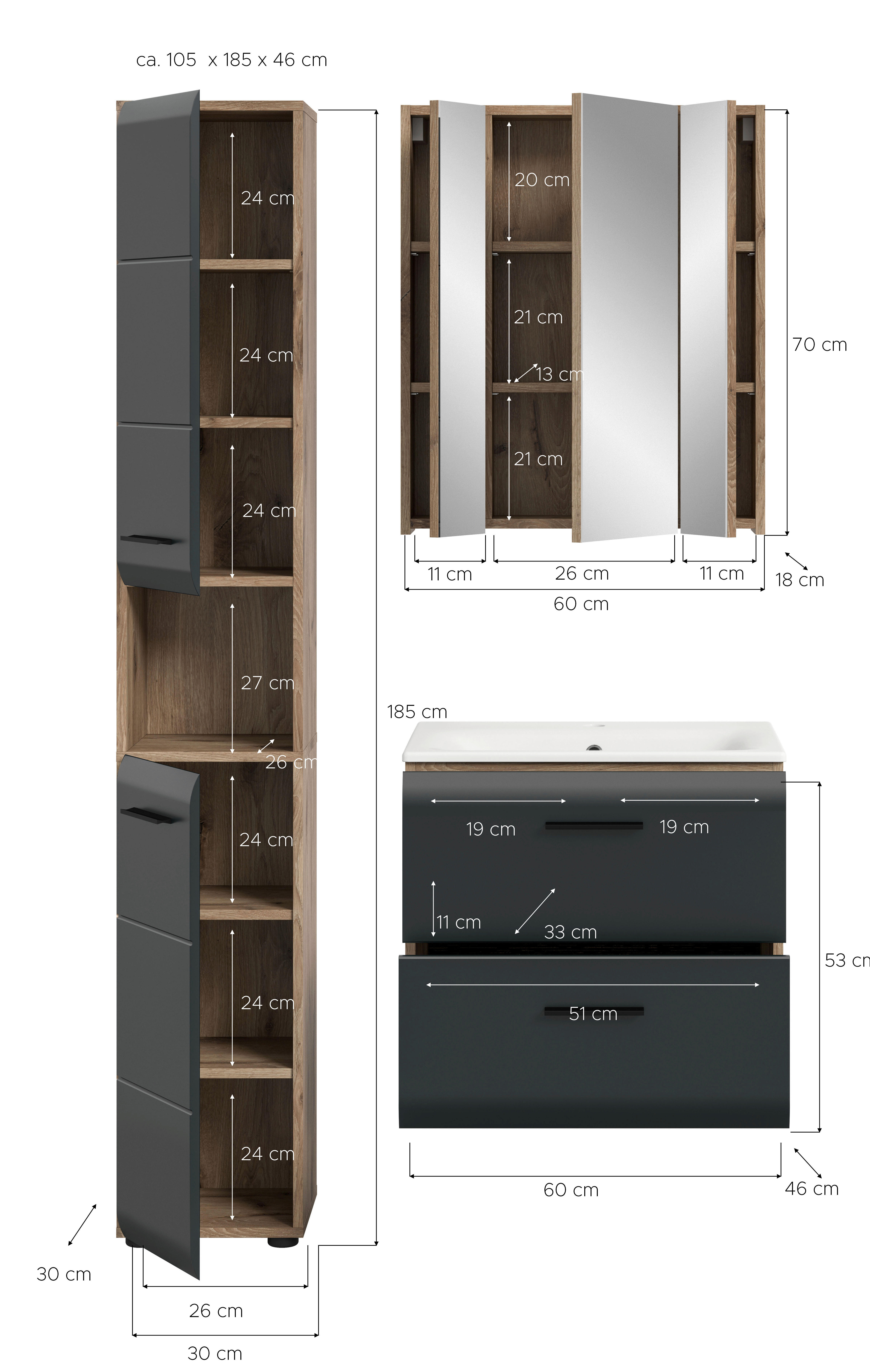 Badezimmer-Set Ice Nox Oak Nachbildung schwarz matt B/H/T: ca. 105x185x46 cm Ice - schwarz (105,00/185,00/46,00cm) - xonox.home