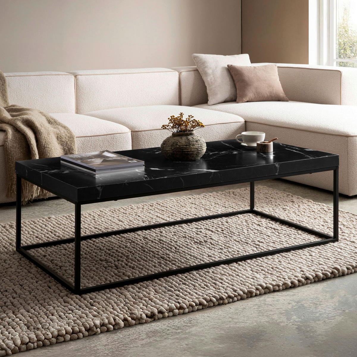 Couchtisch schwarz Marmor Optik schwarz pulverbeschichtet B/H/T: ca. 120x38x60 cm Couchtisch - schwarz (120,00/38,00/60,00cm) - Wohnling