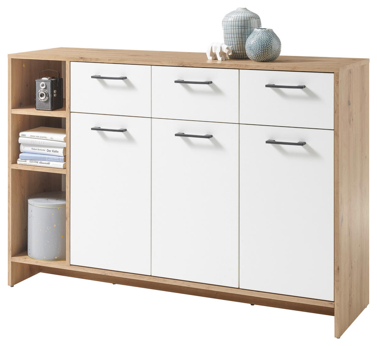 Kommode Open Eiche Artisan Nachbildung weiß B/H/T: ca. 135x95x38 cm Open - Eiche/weiß (135,00/95,00/38,00cm)