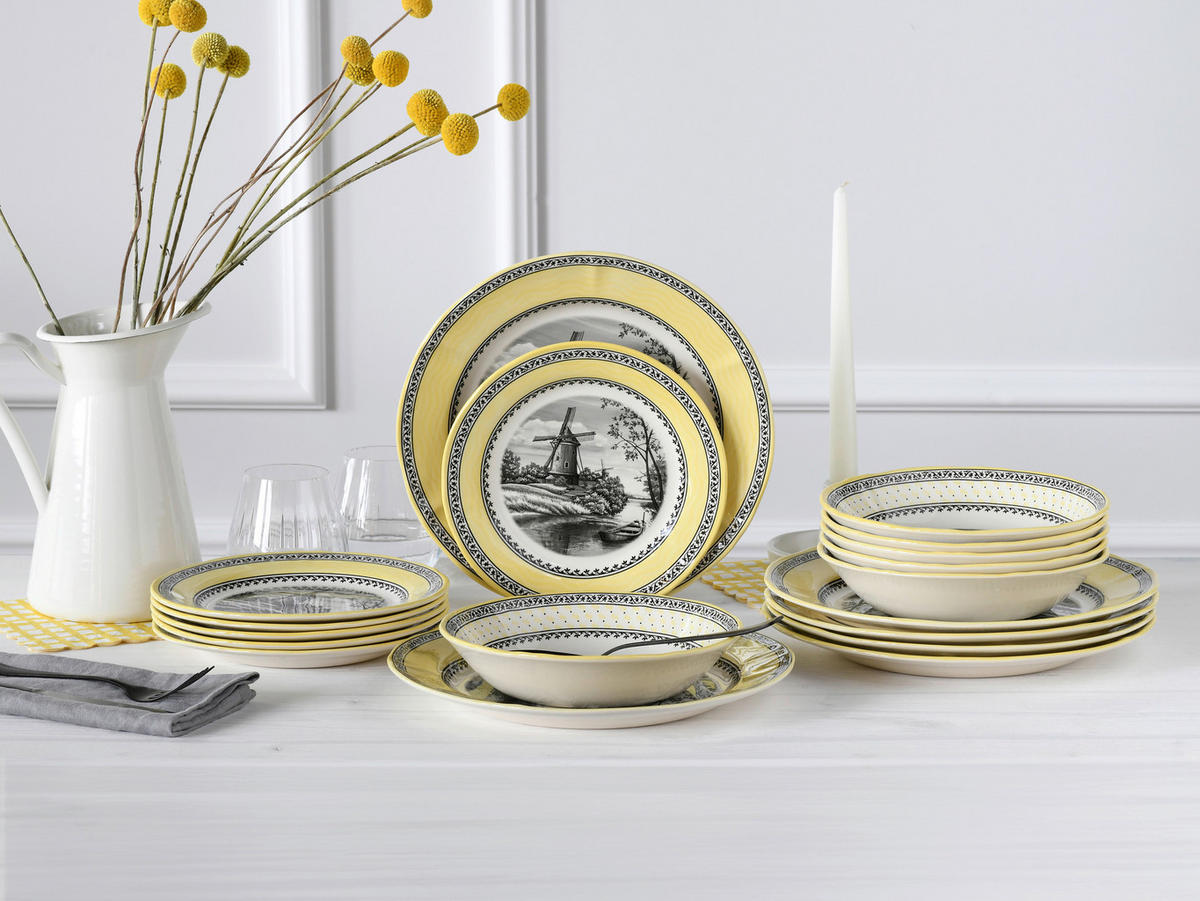 CreaTable Servierschalen-Set Windmühle gelb Steingut 18 tlg. Windmühle - gelb (33,00/33,00/31,00cm) - CreaTable