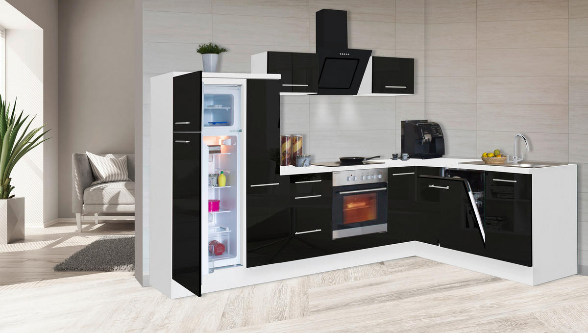 Respekta Winkelküche Amanda schwarz Hochglanz B/T/L: ca. 290x60x200 cm Amanda - weiß/schwarz (290,00/200,00cm) - Respekta