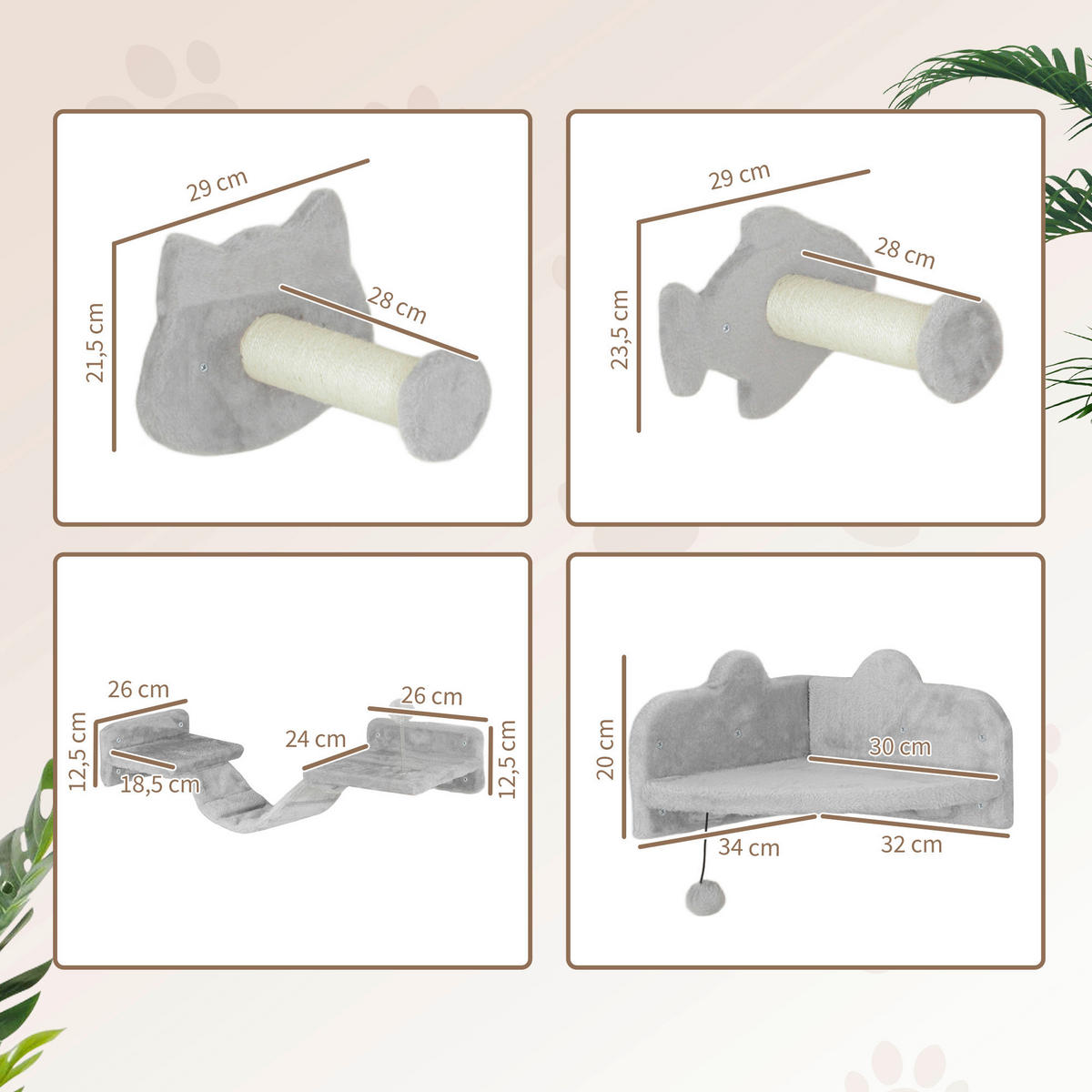 PawHut Katzen Kletterwand Set hellgrau Plüsch B/H/L: ca. 26x12,5x90 cm Katzen Kletterwand Set - hellgrau (90,00/26,00/12,50cm) - PawHut