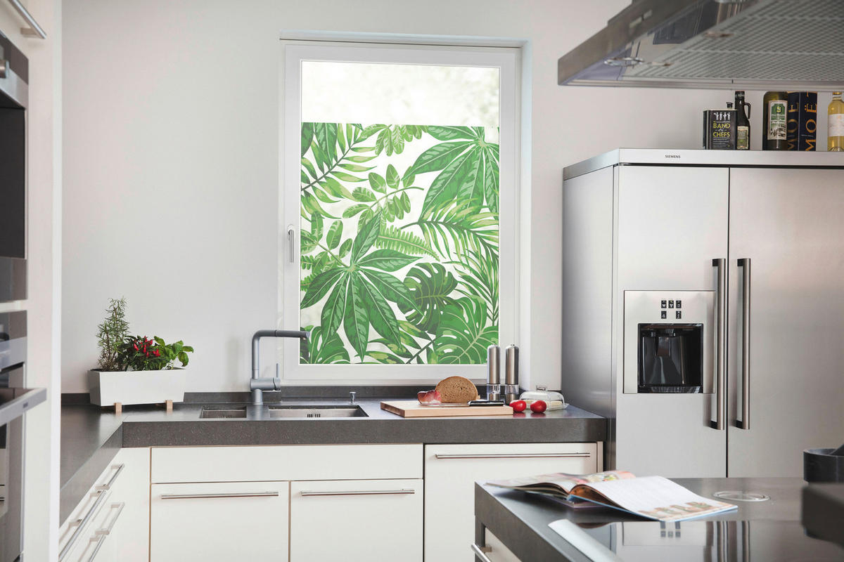 Sichtschutzfolie Fenster Küche durchsichtige Palmenblätter