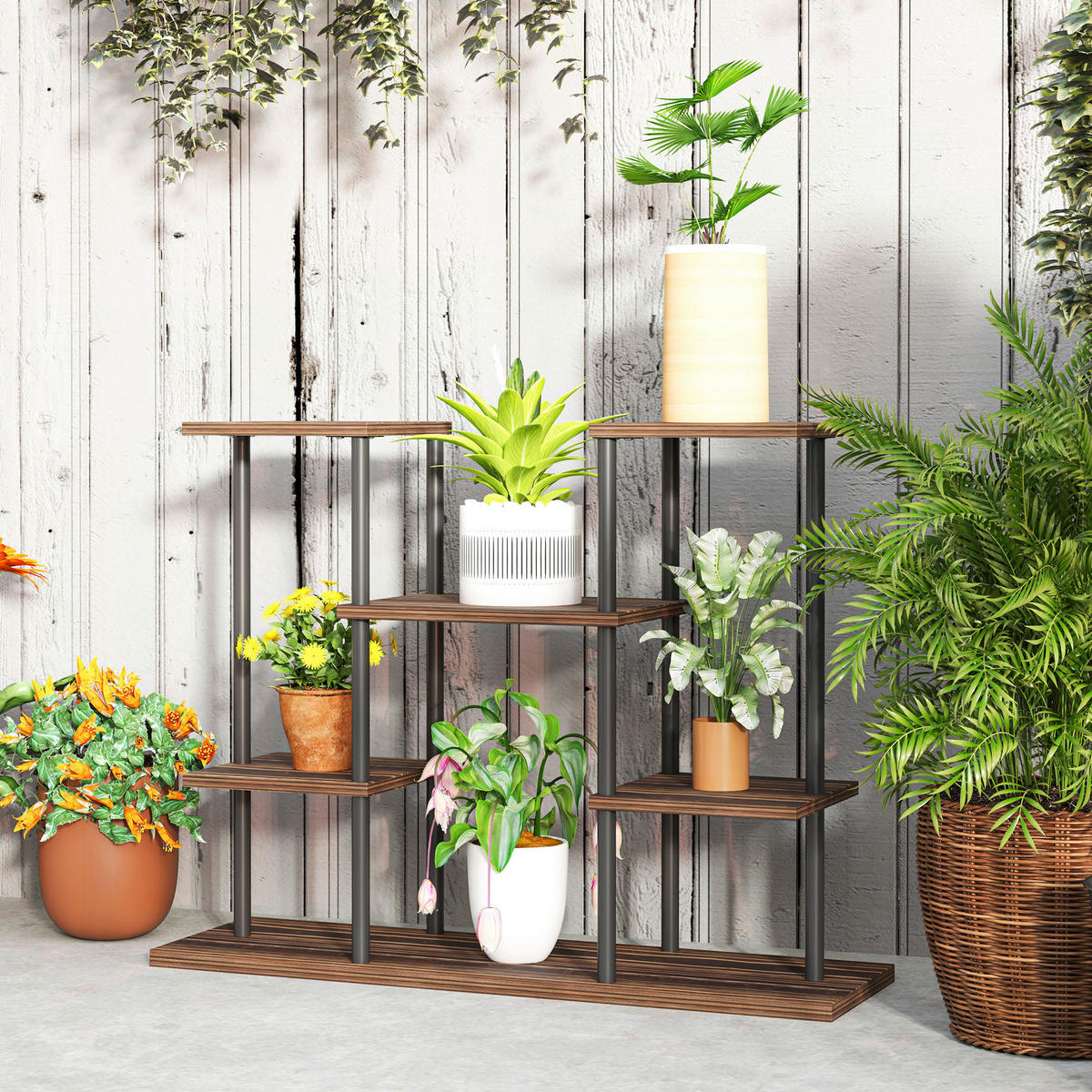 Outsunny Blumenständer braun Holz B/H/L: ca. 24x61,5x80 cm Blumenständer - braun/schwarz (80,00/24,00/61,50cm) - Outsunny