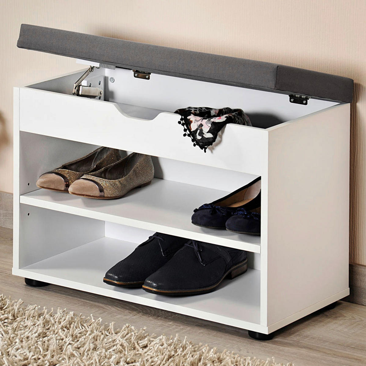 Kesper Schuhschrank mit Sitzkissen weiß Spanplatte B/H/L: ca. 30x45x60 cm Schuhschrank_mit_Sitzkissen - weiß/grau (60,00/30,00/45,00cm) - Kesper
