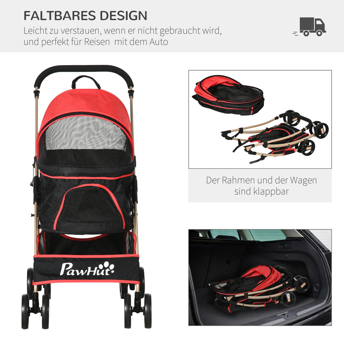 PawHut Hunde-Zubehör rot Edelstahl B/H/L: ca. 49,5x82x98 cm Hundetrolley - rot (98,00/49,50/82,00cm) - PawHut