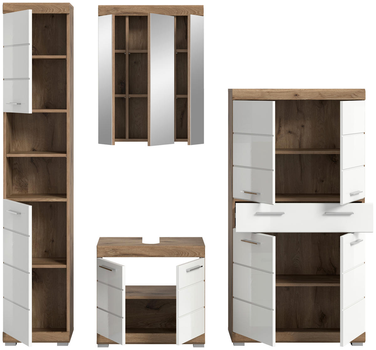 Badezimmer-Set Wave weiß Hochglanz Nox Oak Nachbildung B/H/T: ca. 204x191x34 cm Wave - weiß (204,00/191,00/34,00cm) - xonox.home