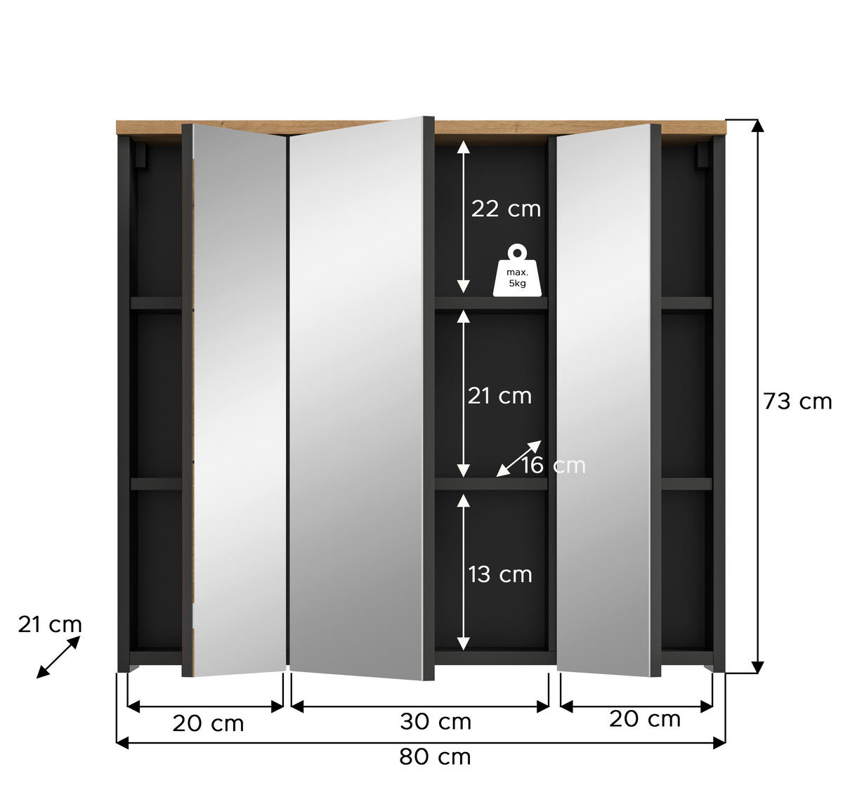 Spiegelschrank Canu Basalt Eiche Artisan Nachbildung B/H/T: ca. 80x73x21 cm Canu - Eiche/Basalt (80,00/73,00/21,00cm) - xonox.home