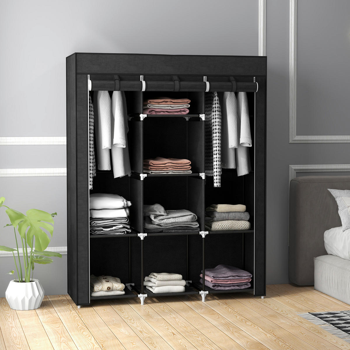 HOMCOM Kleiderschrank schwarz Edelstahl B/H/L: ca. 43x125x162,5 cm Stoffschrank - schwarz (162,50/43,00/125,00cm) - HOMCOM