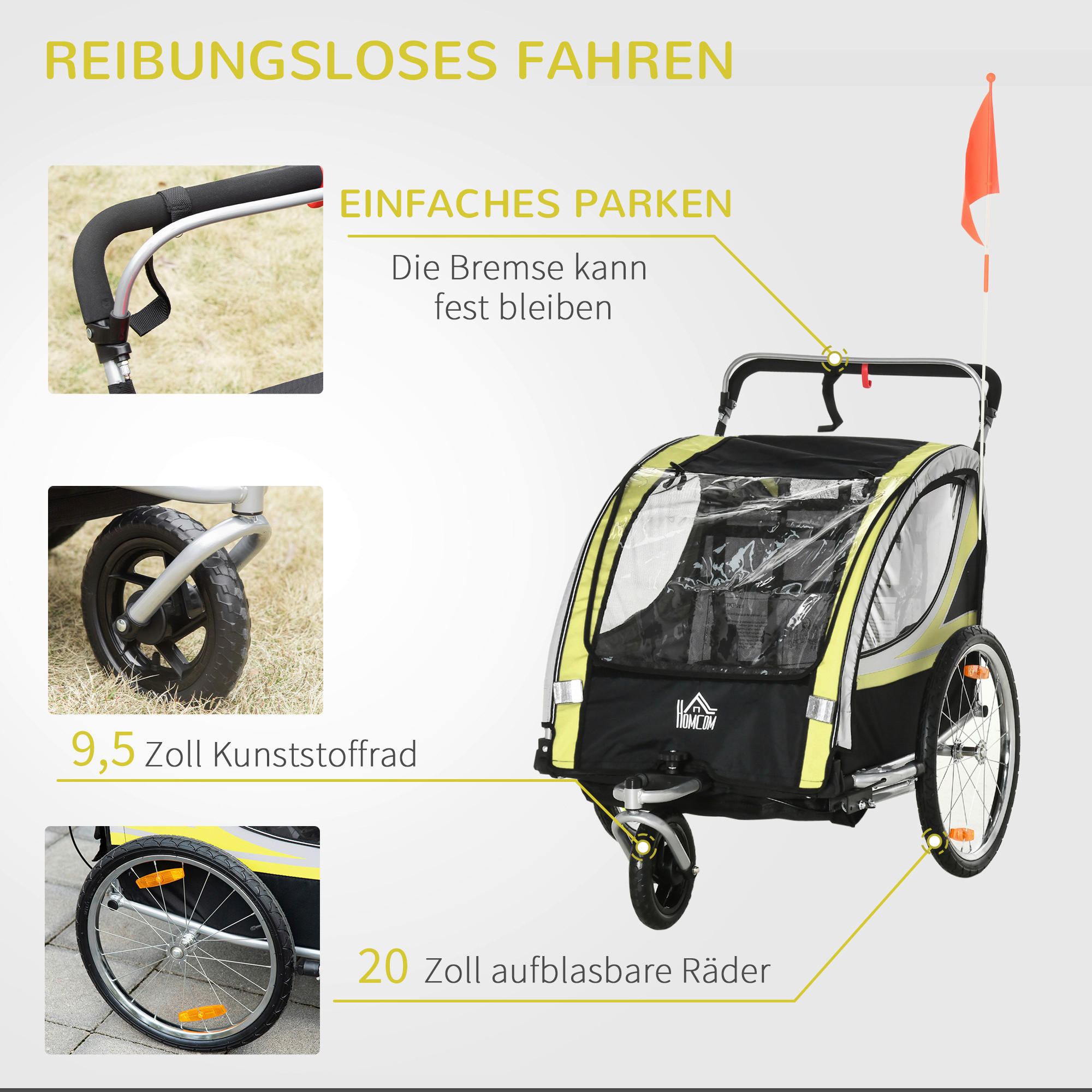 HOMCOM Fahrrad-Zubehör gelb gelb B/H/L: ca. 75x142x101 cm Kinderfahrradanhänger - gelb/schwarz (101,00/75,00/142,00cm) - HOMCOM
