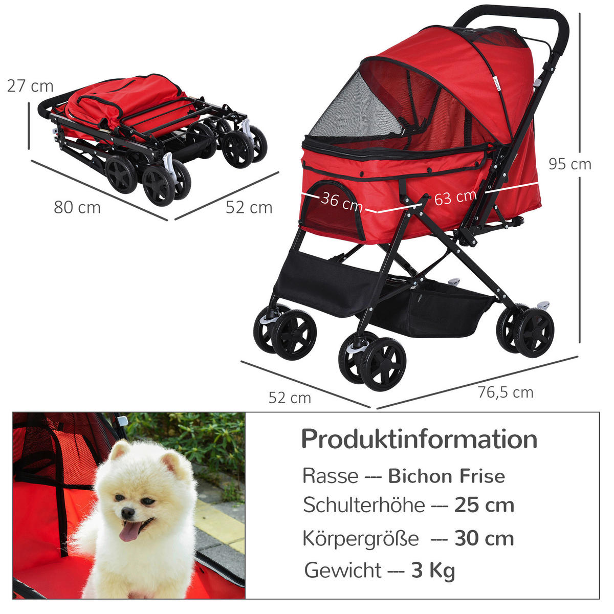 PawHut Hunde-Zubehör rot Polypropylen B/H/L: ca. 52x76,5x95 cm Hundebuggy - rot (95,00/52,00/76,50cm) - PawHut