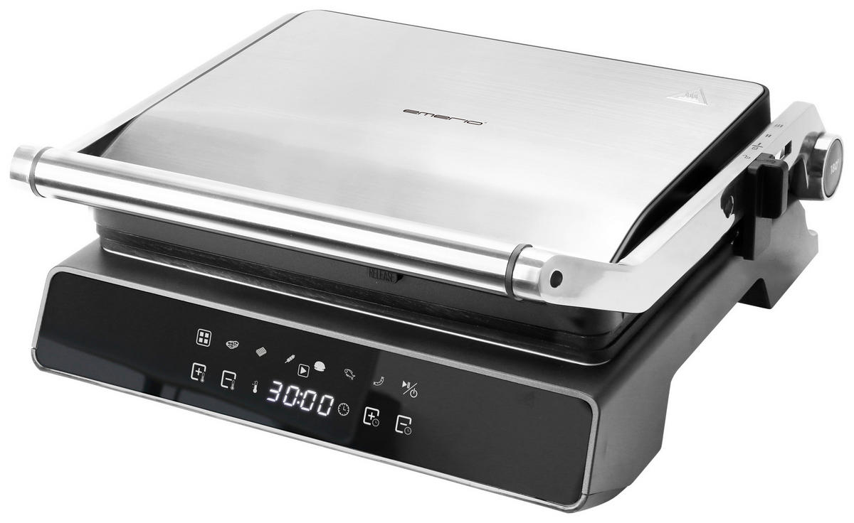 Emerio Kontaktgrill CG-130860.1 silber Edelstahl B/H/T: ca. 34,6x34x15 cm Kontaktgrill CG-130860.1 - schwarz/silber (34,60/34,00/15,00cm) - Emerio
