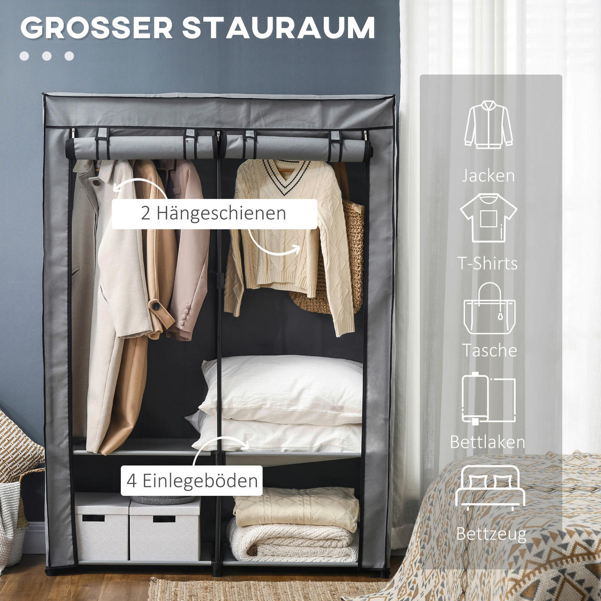 HOMCOM Kleiderschrank hellgrau Polypropylen B/H/L: ca. 49x118x170 cm Kleiderschrank - hellgrau (170,00/49,00/118,00cm) - HOMCOM