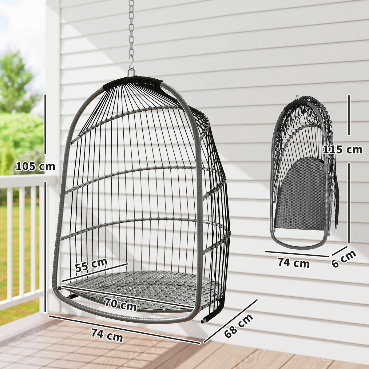 Outsunny Hängestuhl dunkelgrau Polyethylen B/H/L: ca. 68x105x74 cm Rattan-Hängestuhl - dunkelgrau (74,00/68,00/105,00cm) - Outsunny