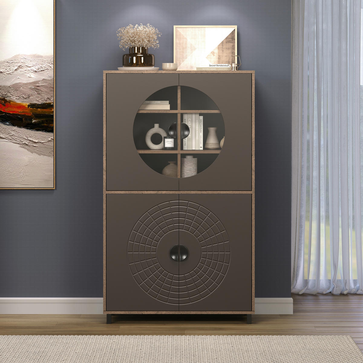 Highboardvitrine Fusion Eiche dunkel Nachbildung bronze Optik B/H/T: ca. 97x163x42 cm Fusion - Eiche/bronze (97,00/163,00/42,00cm)