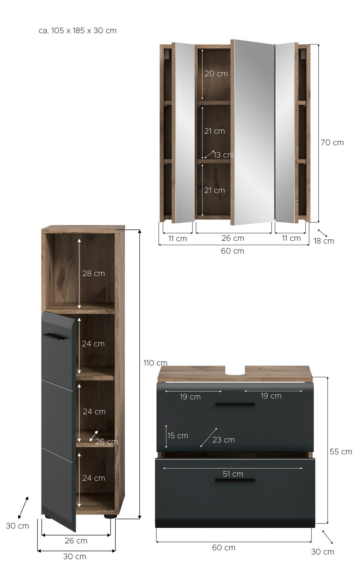 Badezimmer-Set Ice Nox Oak Nachbildung schwarz matt B/H/T: ca. 105x185x30 cm Ice - schwarz (105,00/185,00/30,00cm) - xonox.home