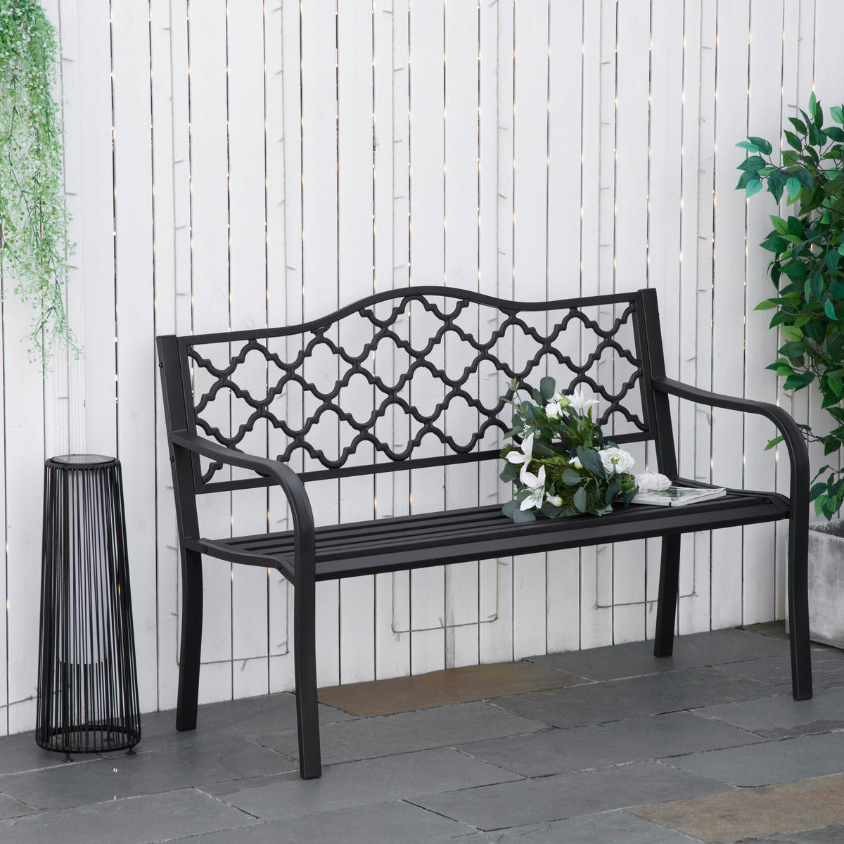 Outsunny Gartenbank schwarz Eisen B/H/L: ca. 58,5x89x128 cm Gartenbank - schwarz (128,00/58,50/89,00cm) - Outsunny