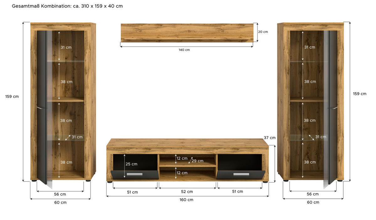 Wohnwand Jam Eiche Wotan Nachbildung grau B/H/T: ca. 310x159x35 cm Jam - Eiche/grau (310,00/159,00/35,00cm) - xonox.home
