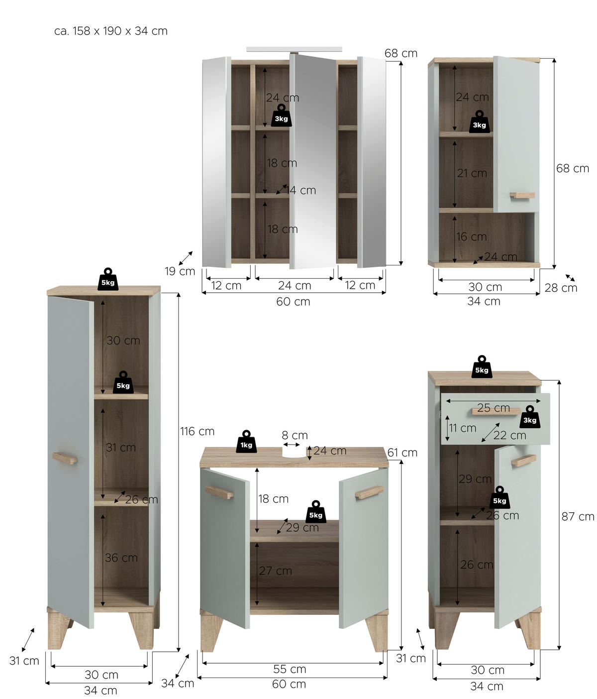Badezimmer-Set STAR hellgrün Eiche hell Nachbildung B/H/T: ca. 158x190x34 cm STAR - hellgrün (158,00/190,00/34,00cm) - xonox.home