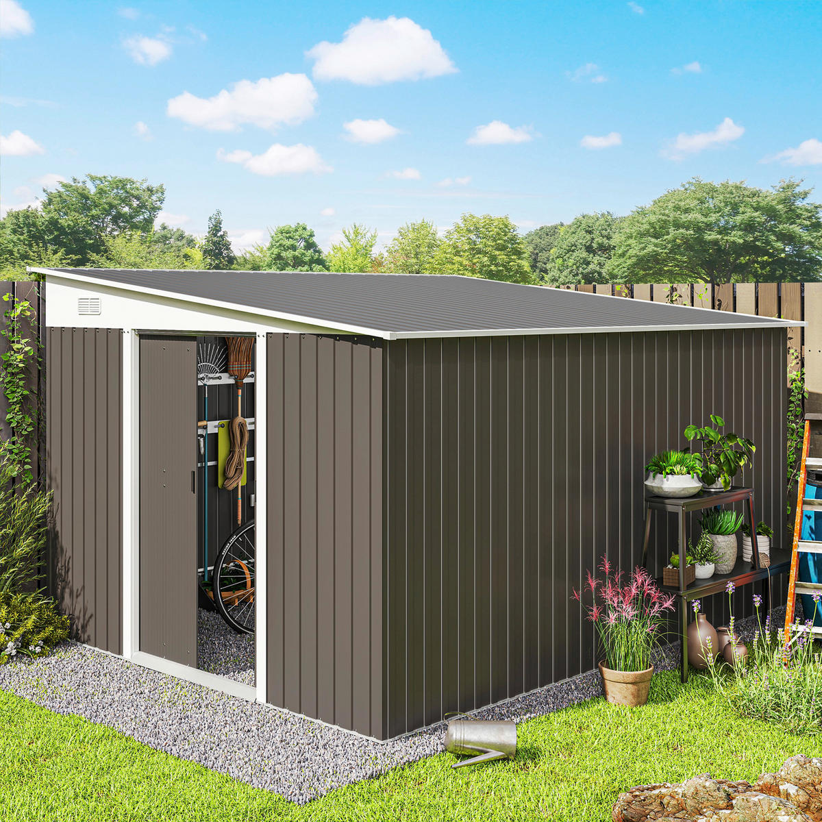 Outsunny Gartenschuppen grau Stahl B/H/L: ca. 345x201x280 cm Gartenschuppen - grau (280,00/345,00/201,00cm) - Outsunny