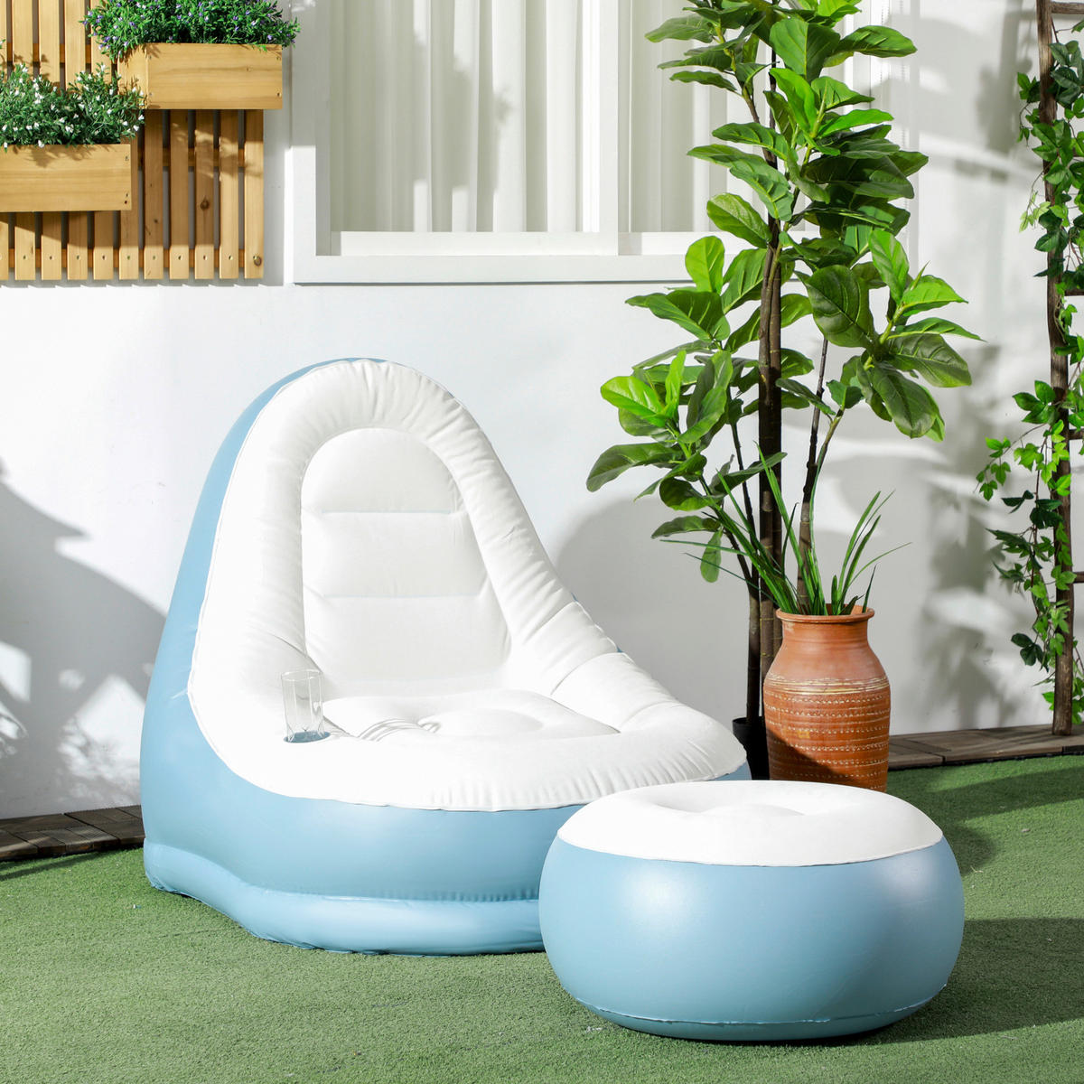 Outsunny Aufblasbarer Sessel B/H/L: ca. 100x87x125 cm Aufblasbarer Sessel - blau/weiß (125,00/100,00/87,00cm) - Outsunny