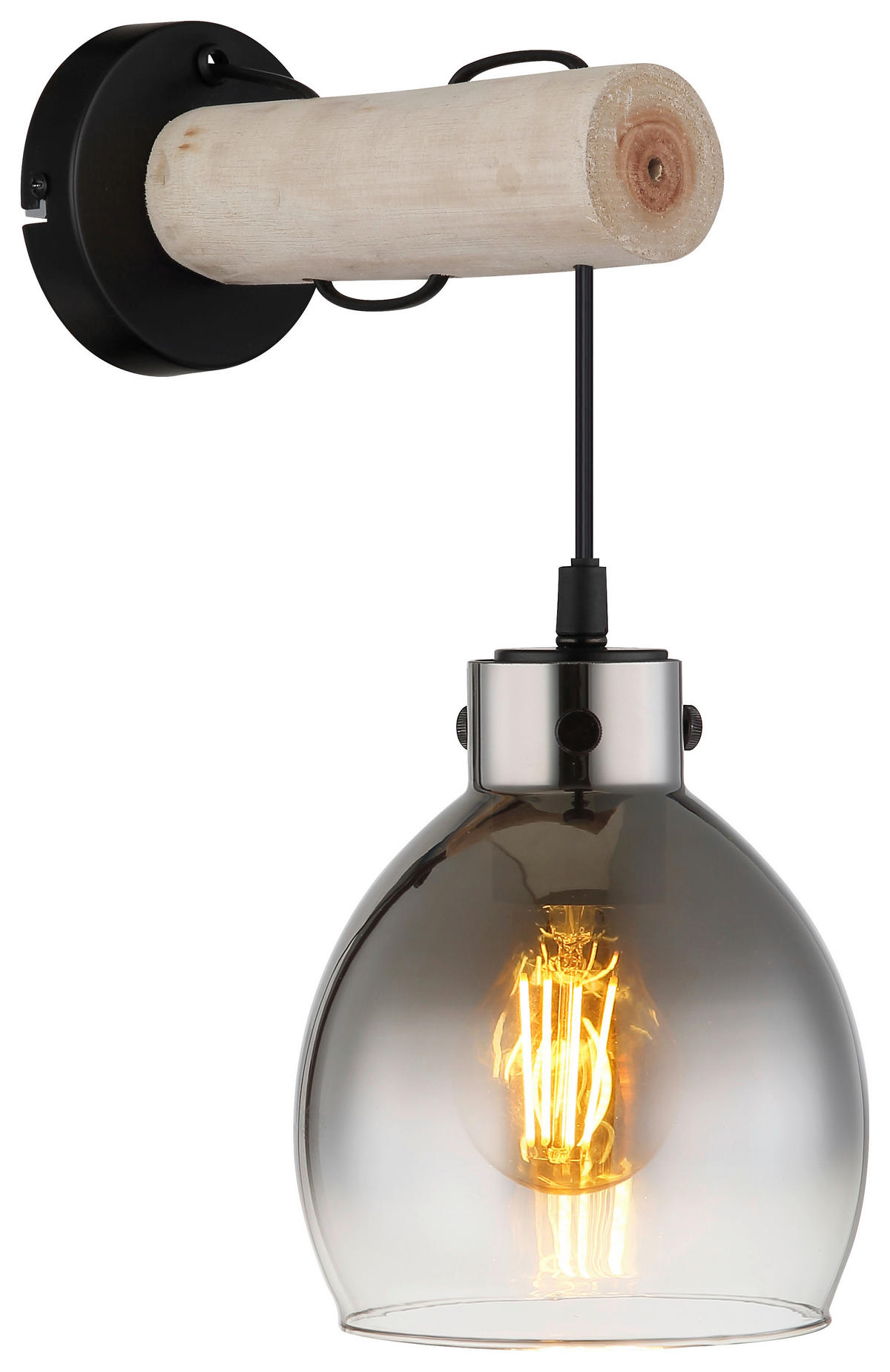 GLOBO Wandleuchte schwarz natur Rauch Metall Glas Holz B/H/T: ca. 15x33x24 cm E27 1 Brennstellen RYAN - natur/schwarz (15,00/33,00/24,00cm) - GLOBO
