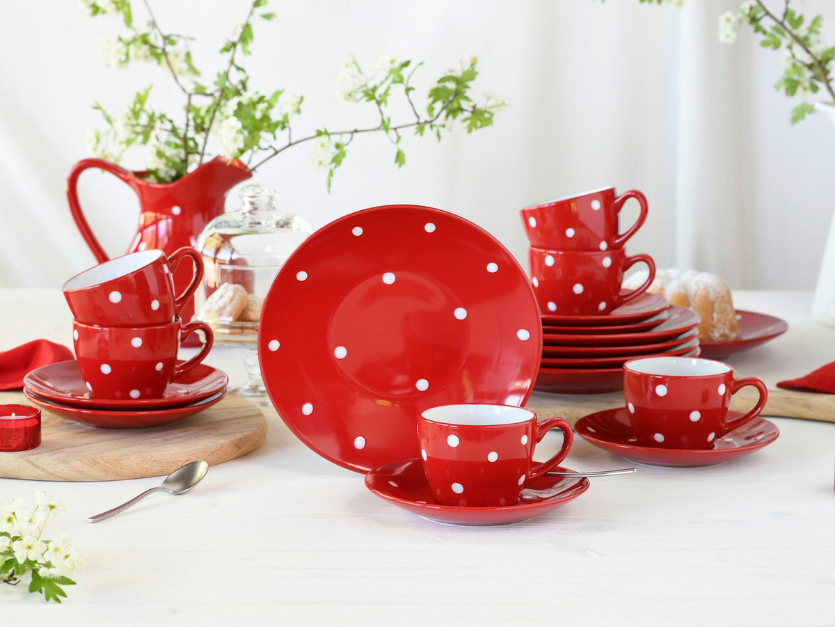 CreaTable Kaffeeservice Polka Dots weiß Steinzeug 18 tlg. Polka Dots - weiß/rot - CreaTable