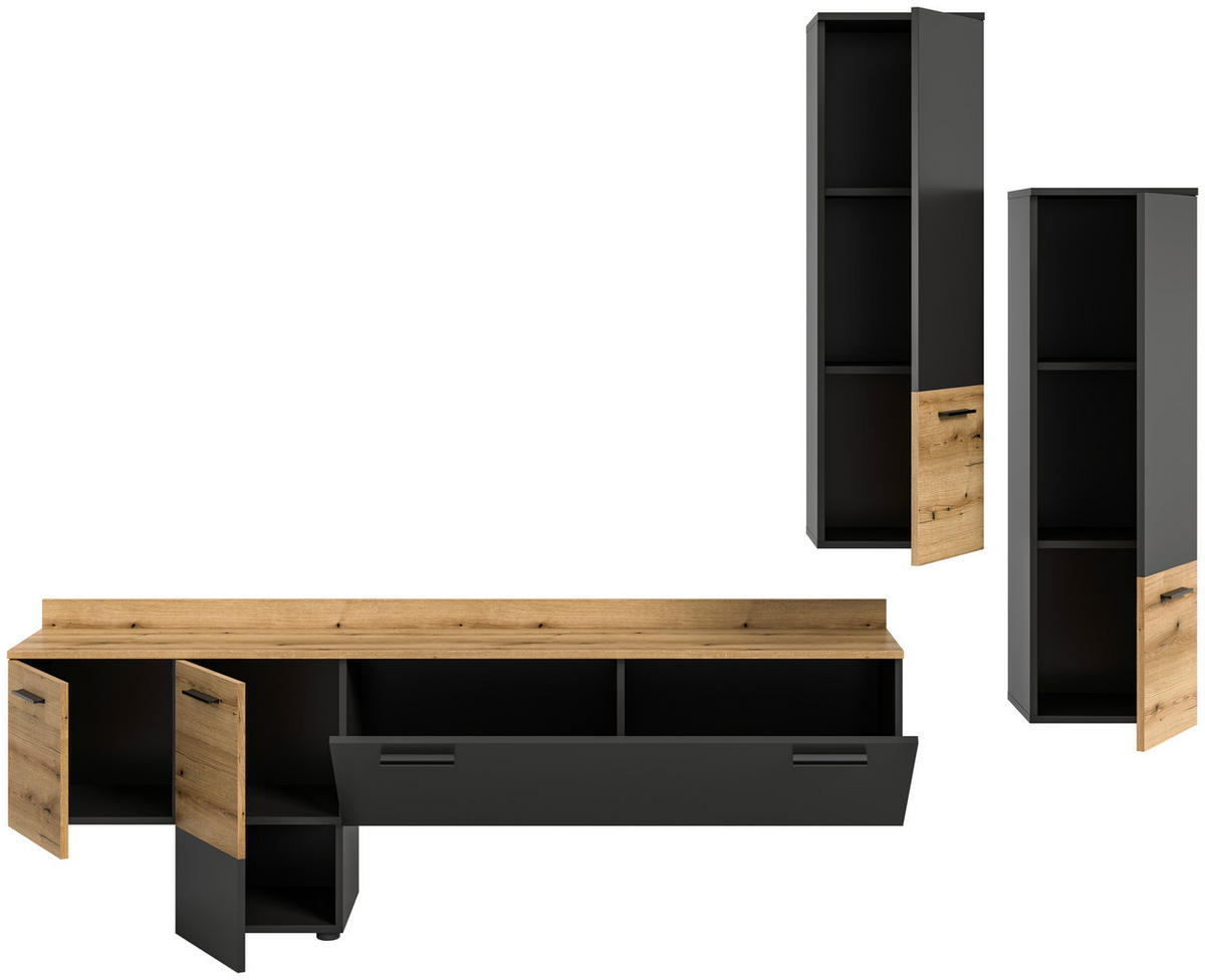 Wohnwand Goal grau Evoke Oak Nachbildung B/H/T: ca. 247x196x37 cm Goal - grau (247,00/196,00/37,00cm) - xonox.home