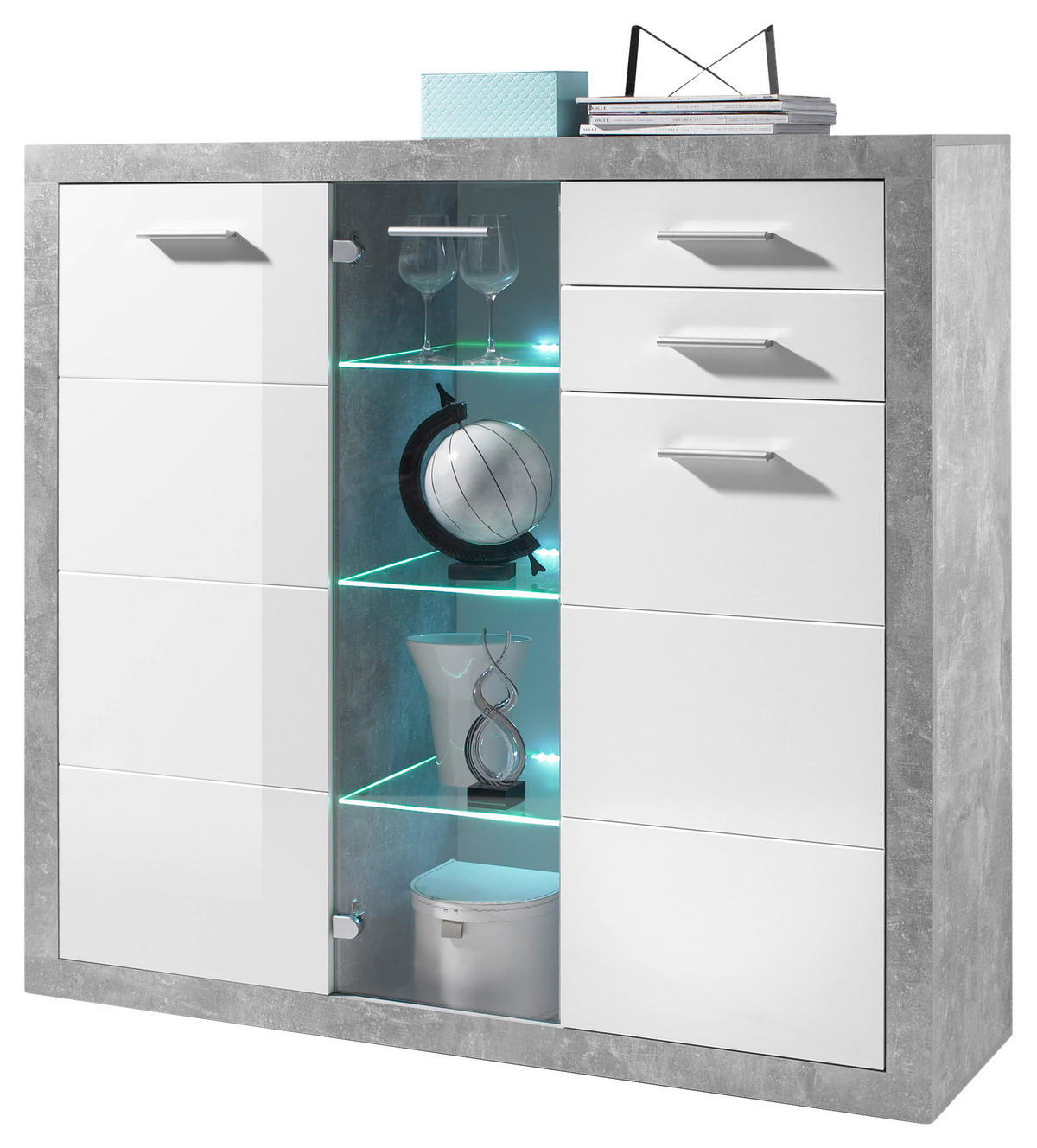 Highboard Stone Beton Optik weiß glänzend B/H/T: ca. 137x134x37 cm Stone - Beton/weiß (137,00/134,00/37,00cm)
