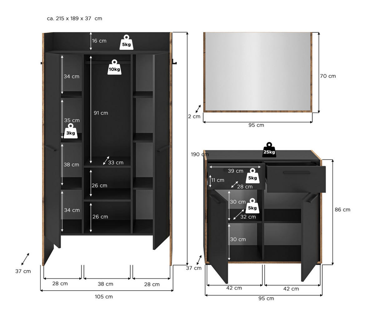 Garderobe Bueno Basalt Nox Oak Nachbildung B/H/T: ca. 215x189x37 cm Bueno - Basalt (215,00/189,00/37,00cm) - xonox.home