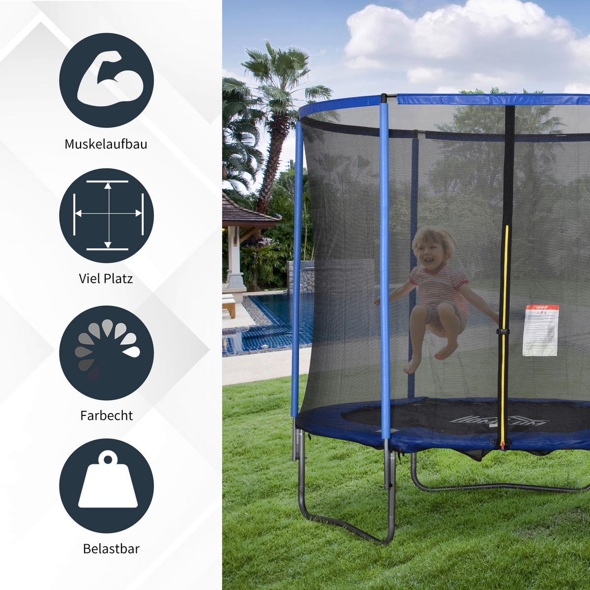 HOMCOM Trampolin blau B/H/L: ca. 244x244x240 cm Gartentrampolin - blau/schwarz (240,00/244,00/244,00cm) - HOMCOM