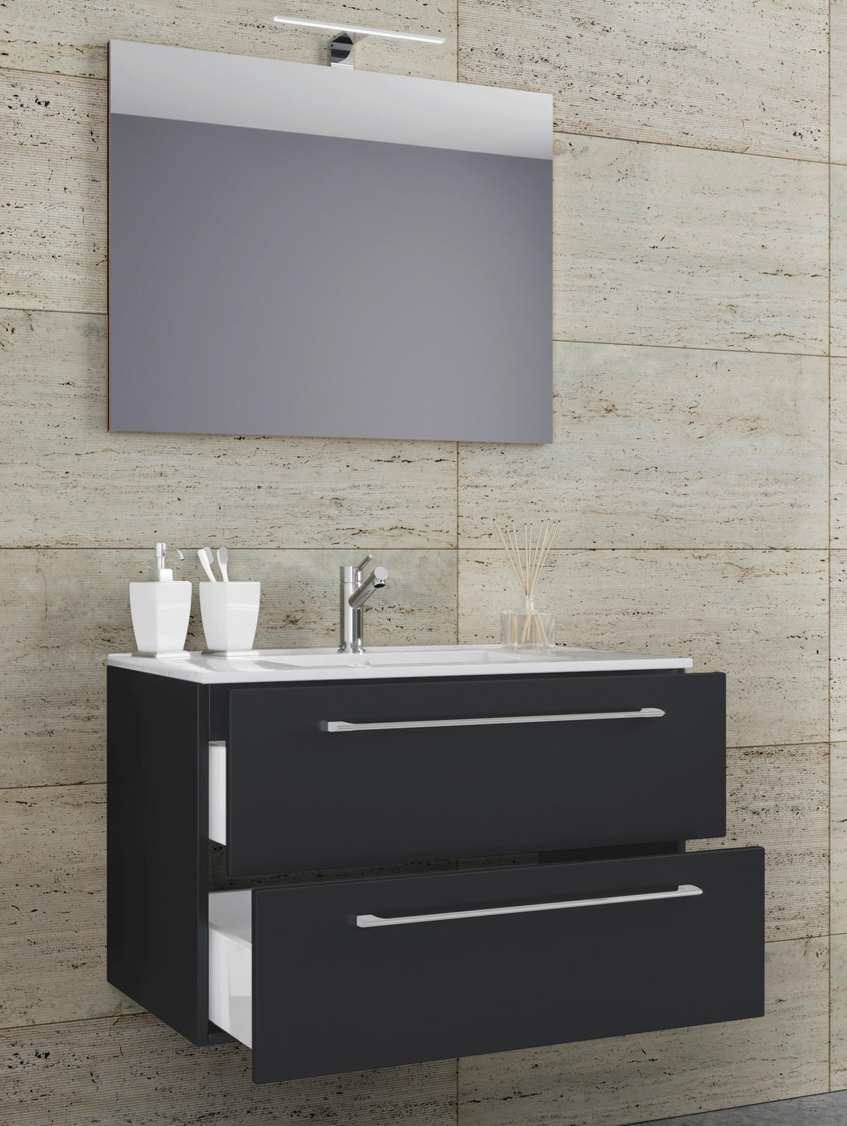 Waschplatz 3tlg-Badinos weiß schwarz B/H/T: ca. 80x50x46 cm 3tlg-Badinos - weiß/schwarz (80,00/50,00/46,00cm) - VCM Möbel