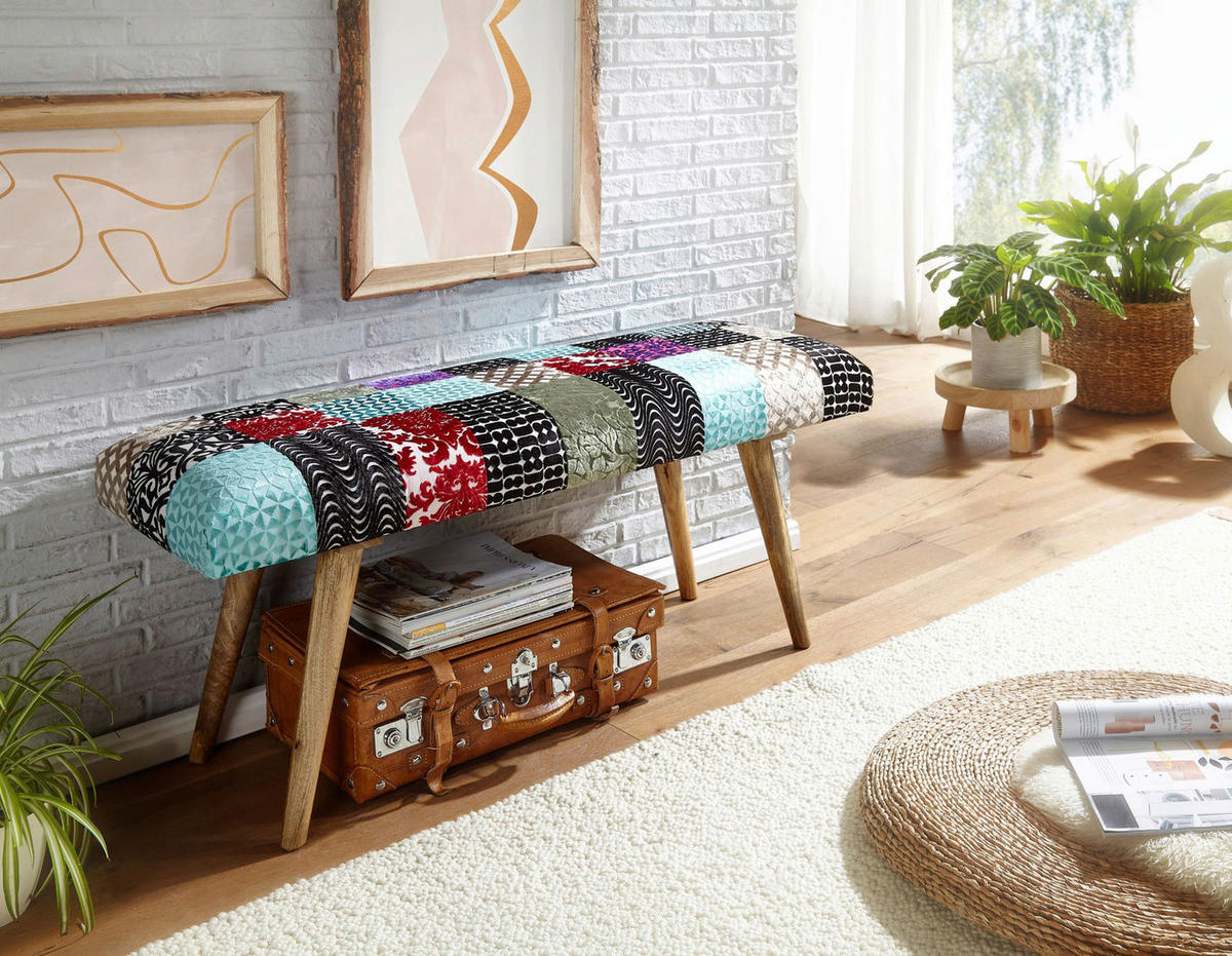 Wohnling Sitzbank bunt natur Stoff Echtholz B/H/T: ca. 117x51x38 cm Sitzbank - natur/bunt (117,00/51,00/38,00cm) - Wohnling